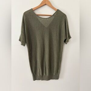 Talbots Mossy Green Back V-Neck 100% Linen Knit Sweater Top Size L